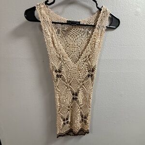 The Limited Crochet Beige Tank Top with Brown Accents
